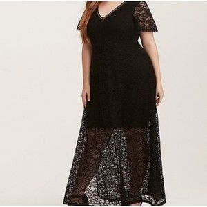 Torrid Black Lace Short Sleeve V Neck Maxi Dress, 16